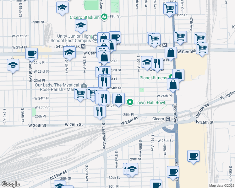 map of restaurants, bars, coffee shops, grocery stores, and more near 5046 South 51st Avenue in Cicero