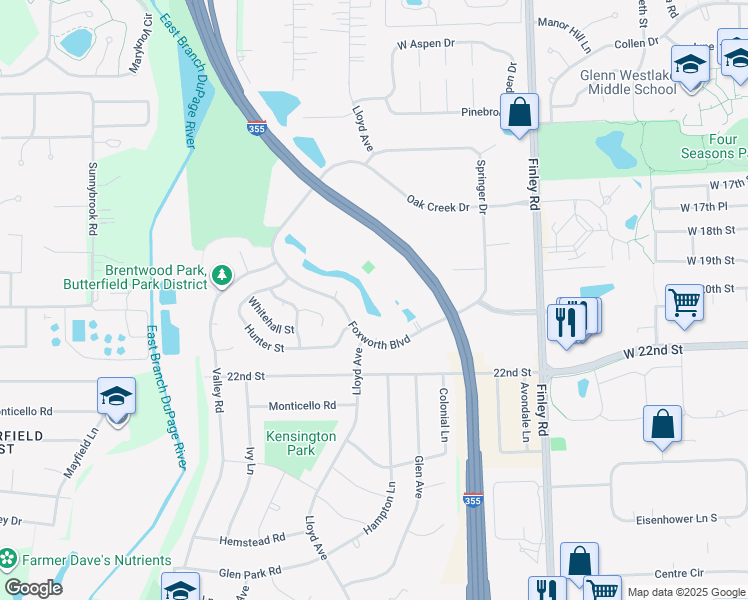 map of restaurants, bars, coffee shops, grocery stores, and more near 840 Foxworth Boulevard in Lombard
