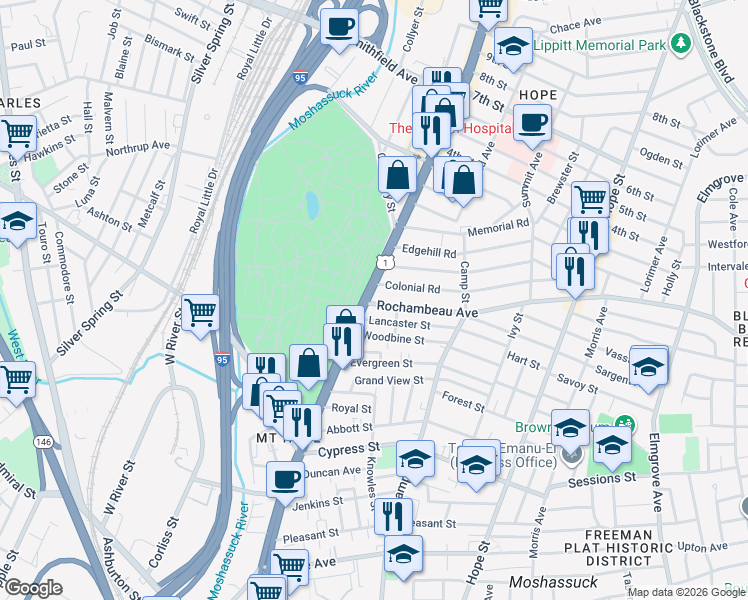 map of restaurants, bars, coffee shops, grocery stores, and more near 957 N Main St in Providence