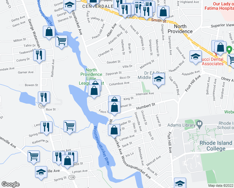 map of restaurants, bars, coffee shops, grocery stores, and more near 1 Intervale Avenue in North Providence
