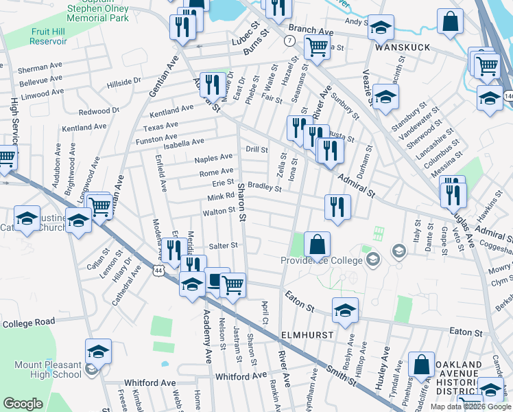 map of restaurants, bars, coffee shops, grocery stores, and more near 61 Stonelaw Ave in Providence