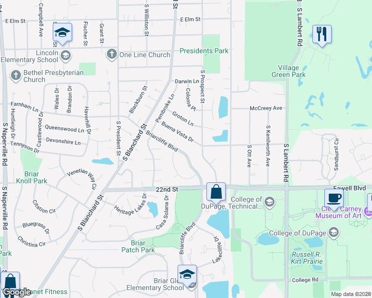 map of restaurants, bars, coffee shops, grocery stores, and more near 1501 Briarcliffe Boulevard in Wheaton