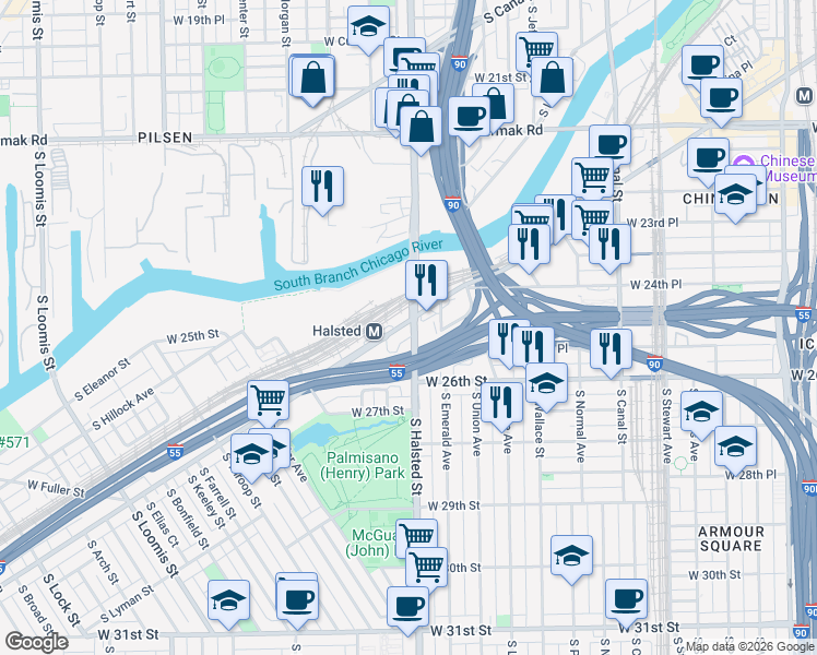 map of restaurants, bars, coffee shops, grocery stores, and more near 2505 South Archer Avenue in Chicago