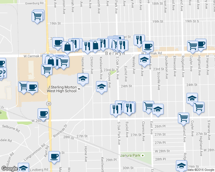 map of restaurants, bars, coffee shops, grocery stores, and more near 2352 Grove Avenue in Berwyn