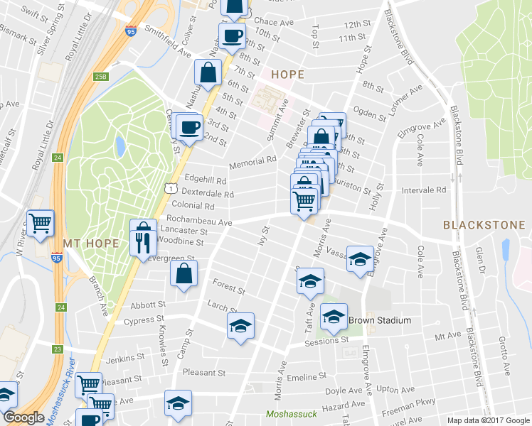 map of restaurants, bars, coffee shops, grocery stores, and more near 178 Rochambeau Avenue in Providence