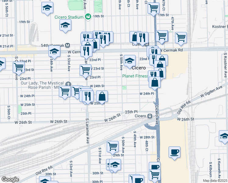 map of restaurants, bars, coffee shops, grocery stores, and more near 5018 West 24th Place in Cicero