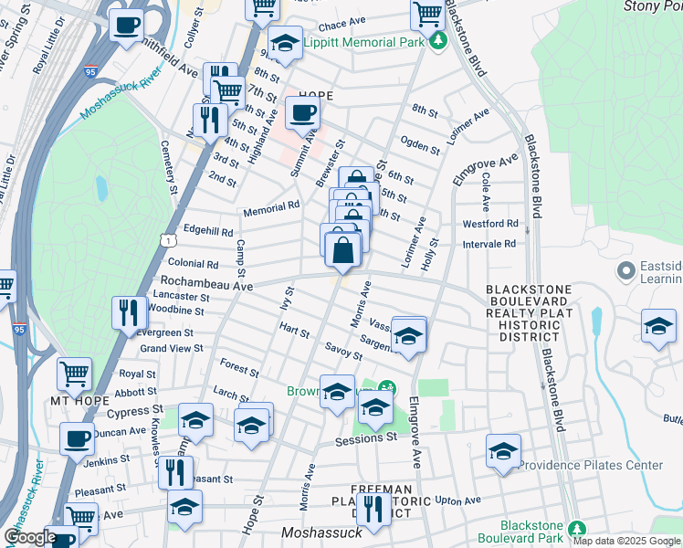 map of restaurants, bars, coffee shops, grocery stores, and more near Hope Street & Rochambeau Avenue in Providence