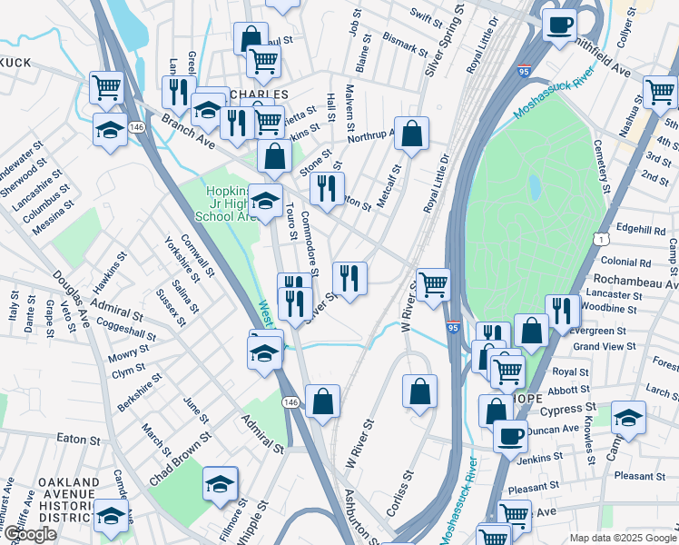 map of restaurants, bars, coffee shops, grocery stores, and more near 17 Chatham Street in Providence