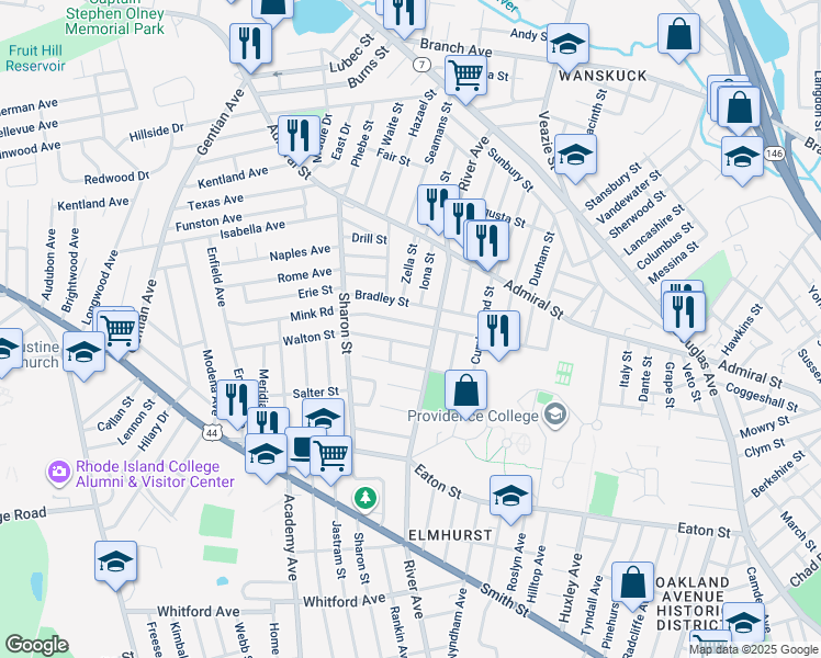 map of restaurants, bars, coffee shops, grocery stores, and more near 128 Sandringham Avenue in Providence