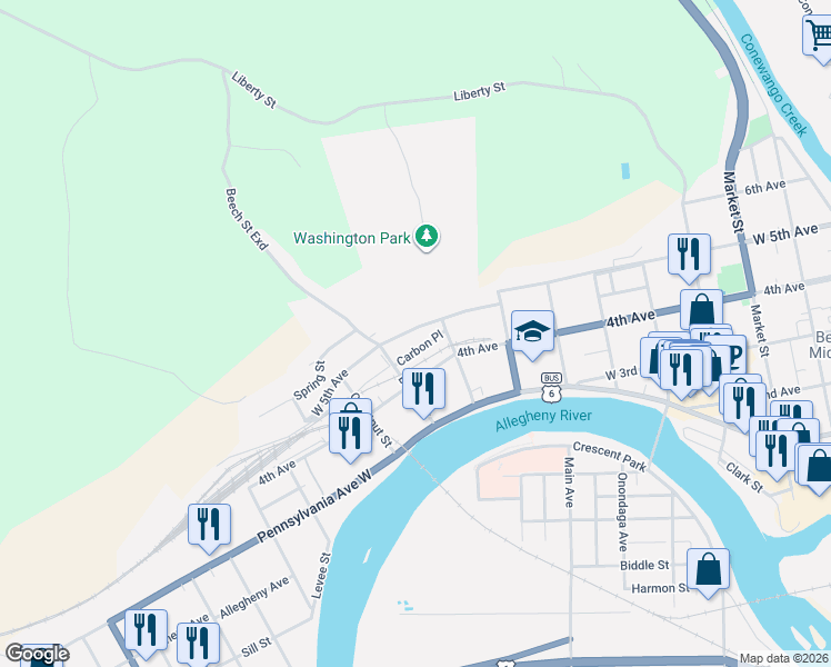 map of restaurants, bars, coffee shops, grocery stores, and more near 825-827 West 5th Avenue in Warren