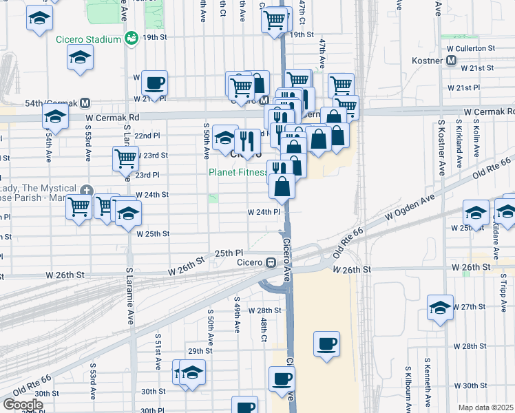 map of restaurants, bars, coffee shops, grocery stores, and more near 4826 West 24th Place in Cicero