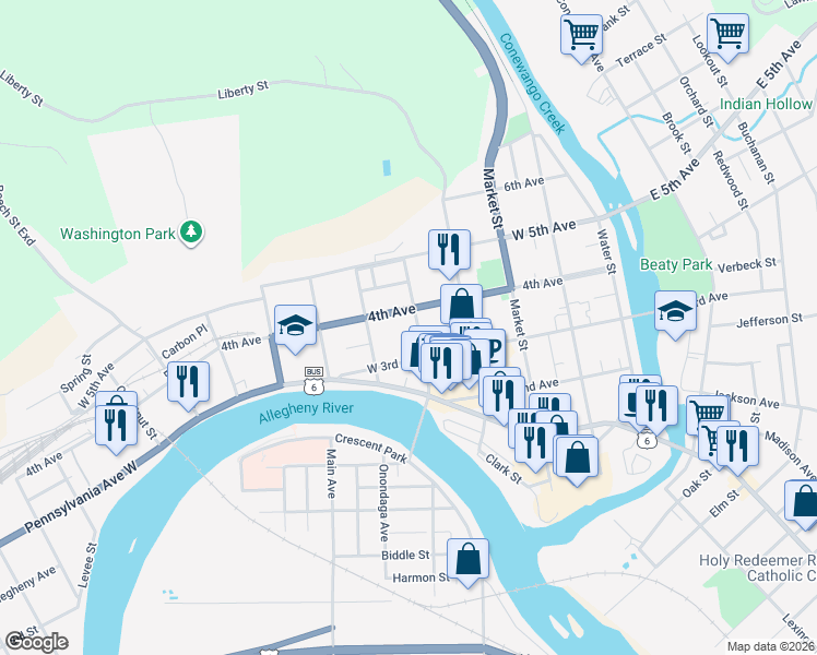 map of restaurants, bars, coffee shops, grocery stores, and more near 341 Hickory Street in Warren