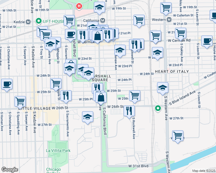 map of restaurants, bars, coffee shops, grocery stores, and more near 2445 South California Avenue in Chicago