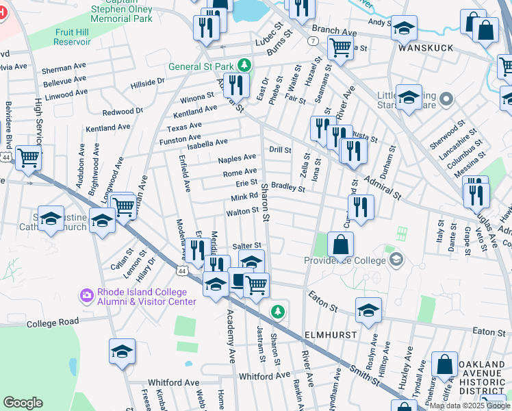 map of restaurants, bars, coffee shops, grocery stores, and more near 15 Walton Street in Providence