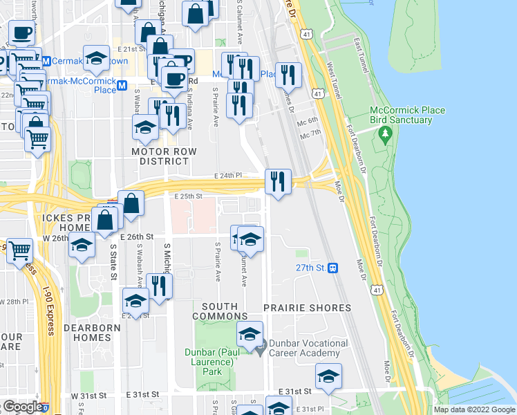 map of restaurants, bars, coffee shops, grocery stores, and more near 2520 South King Drive in Chicago