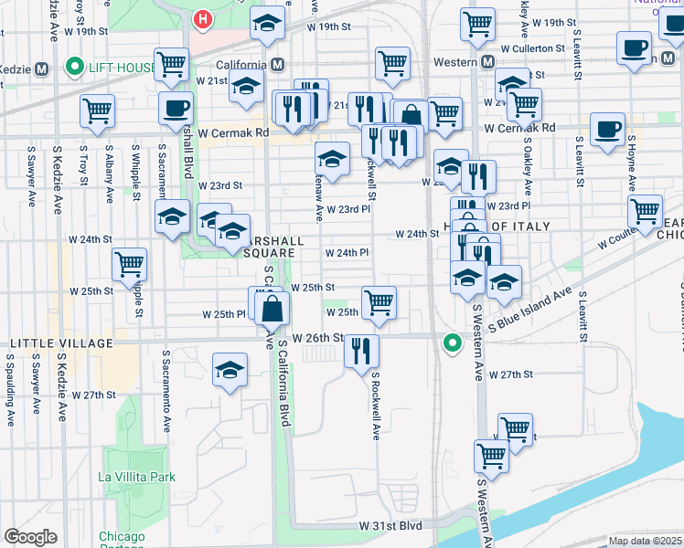 map of restaurants, bars, coffee shops, grocery stores, and more near 2627 West Luther Street in Chicago