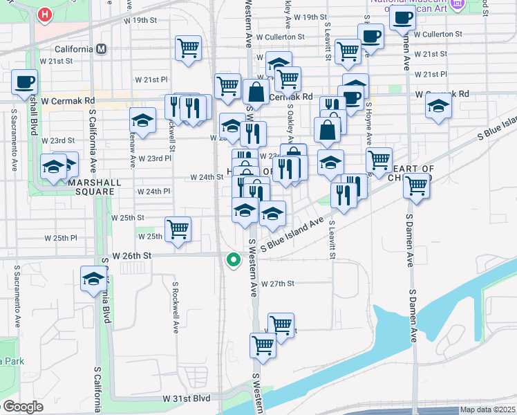 map of restaurants, bars, coffee shops, grocery stores, and more near 2453 South Western Avenue in Chicago