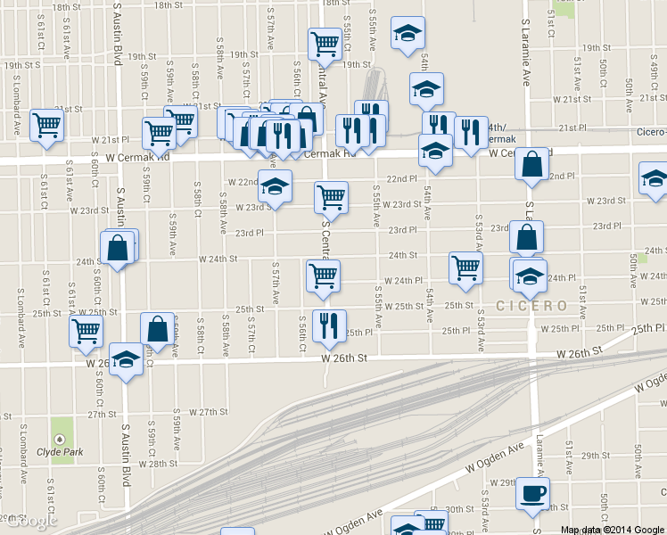 map of restaurants, bars, coffee shops, grocery stores, and more near 2407 South Central Avenue in Cicero