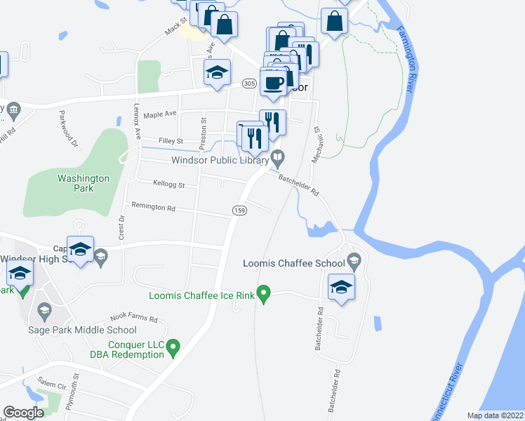 map of restaurants, bars, coffee shops, grocery stores, and more near 28 Stinson Place in Windsor