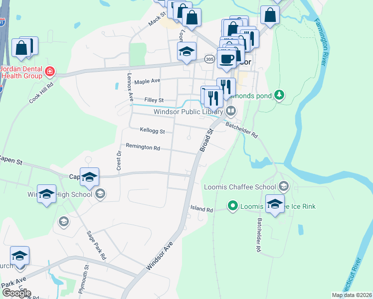 map of restaurants, bars, coffee shops, grocery stores, and more near 6 Remington Road in Windsor