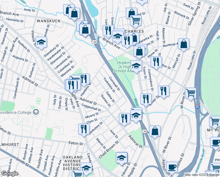 map of restaurants, bars, coffee shops, grocery stores, and more near 83 Cheshire Street in Providence