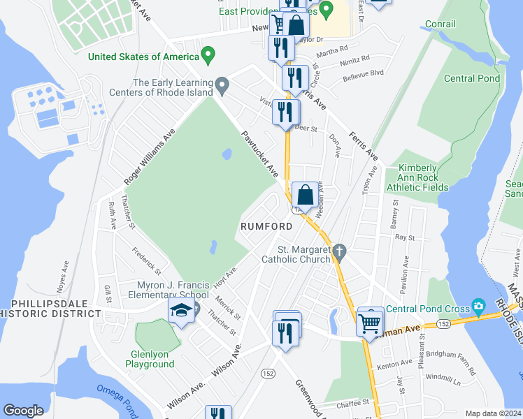 map of restaurants, bars, coffee shops, grocery stores, and more near 45 Bent Road in East Providence