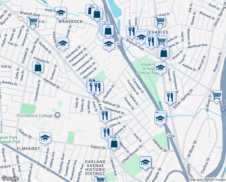 map of restaurants, bars, coffee shops, grocery stores, and more near 61 Tappan Street in Providence