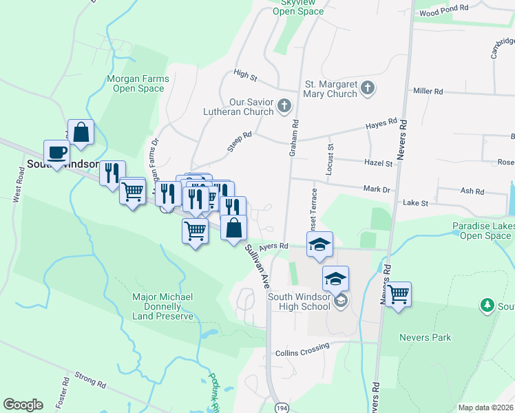 map of restaurants, bars, coffee shops, grocery stores, and more near 44 Wapping Avenue in South Windsor