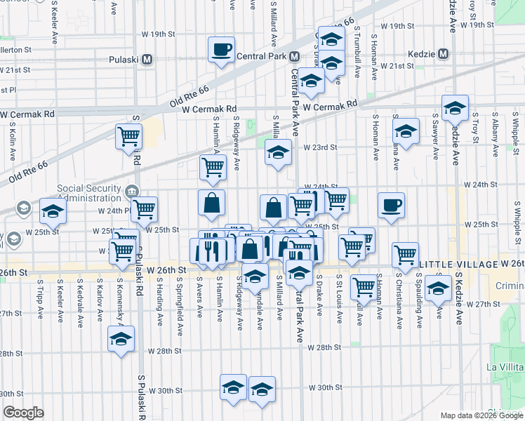 map of restaurants, bars, coffee shops, grocery stores, and more near 2433 South Lawndale Avenue in Chicago