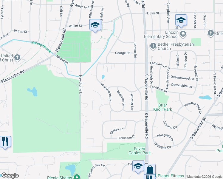 map of restaurants, bars, coffee shops, grocery stores, and more near 104 Tennyson Drive in Wheaton