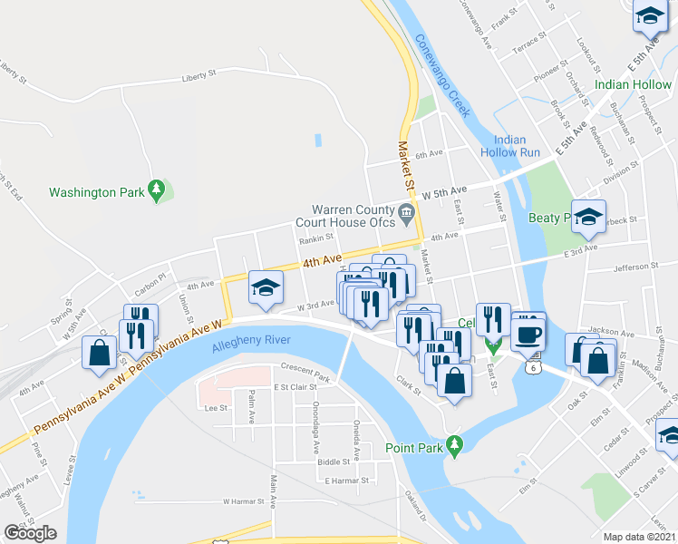 map of restaurants, bars, coffee shops, grocery stores, and more near 337 Hickory Street in Warren