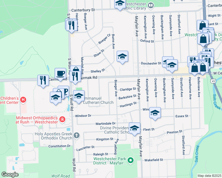 map of restaurants, bars, coffee shops, grocery stores, and more near 2227 Sherwood Avenue in Westchester