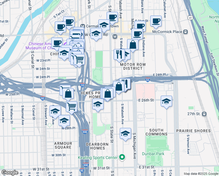 map of restaurants, bars, coffee shops, grocery stores, and more near 2528 South State Street in Chicago