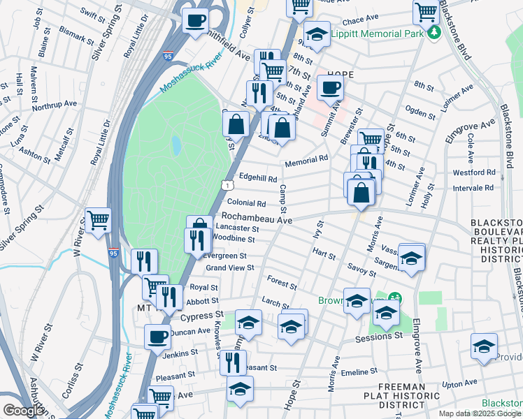 map of restaurants, bars, coffee shops, grocery stores, and more near 90 Colonial Road in Providence