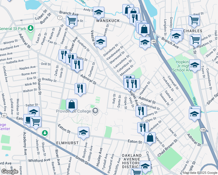 map of restaurants, bars, coffee shops, grocery stores, and more near 494 Admiral Street in Providence
