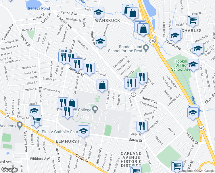 map of restaurants, bars, coffee shops, grocery stores, and more near 494 Admiral Street in Providence