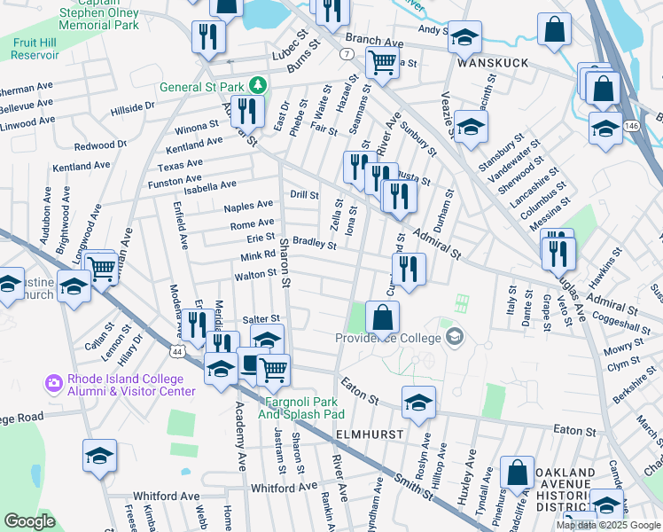 map of restaurants, bars, coffee shops, grocery stores, and more near 128 Sandringham Avenue in Providence