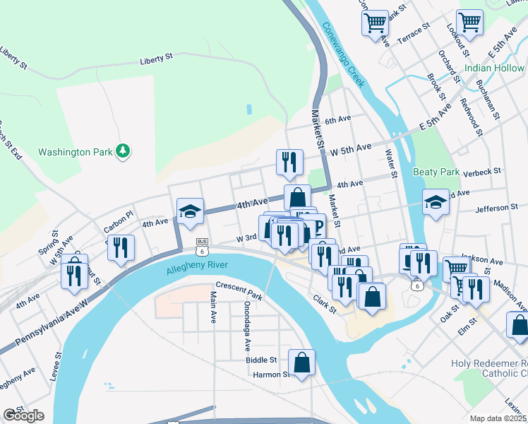 map of restaurants, bars, coffee shops, grocery stores, and more near 341 Hickory Street in Warren