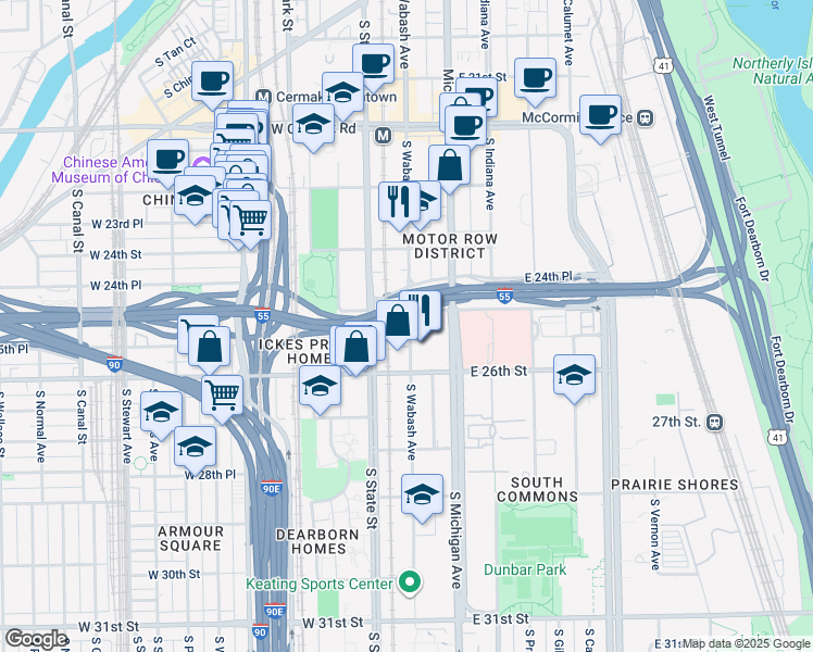 map of restaurants, bars, coffee shops, grocery stores, and more near 2514 South Wabash Avenue in Chicago