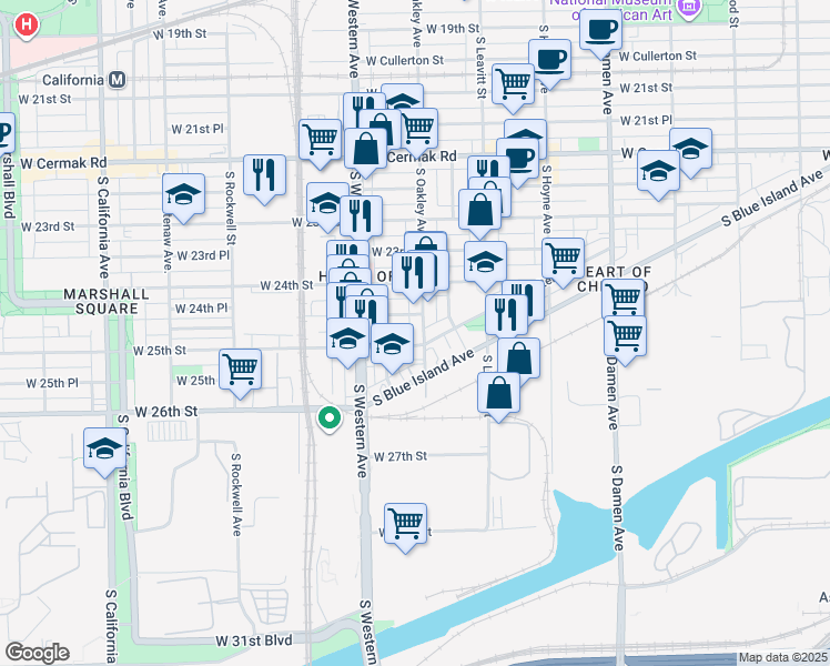 map of restaurants, bars, coffee shops, grocery stores, and more near 2324 West 25th Street in Chicago