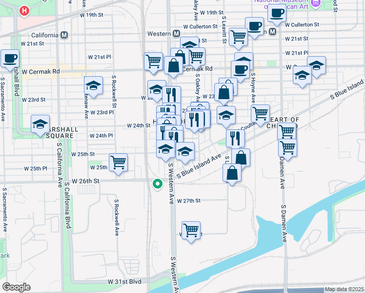 map of restaurants, bars, coffee shops, grocery stores, and more near 2324 West 25th Street in Chicago