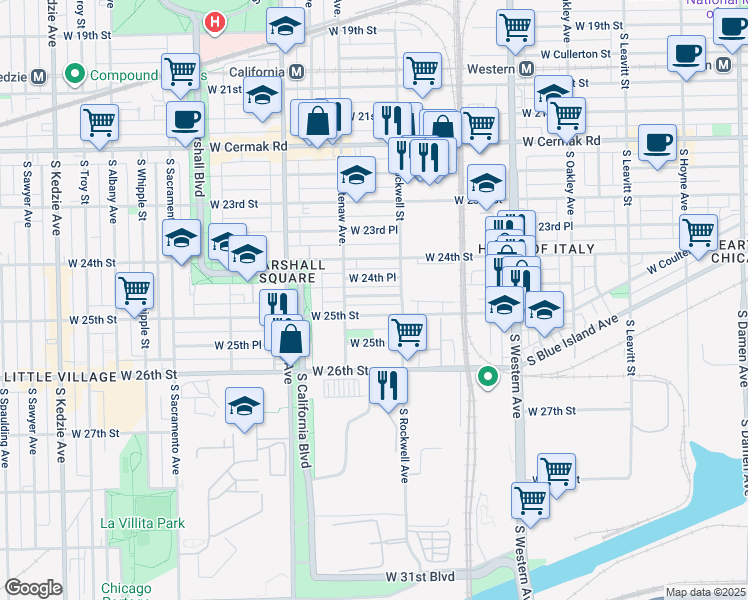 map of restaurants, bars, coffee shops, grocery stores, and more near 2627 West Luther Street in Chicago