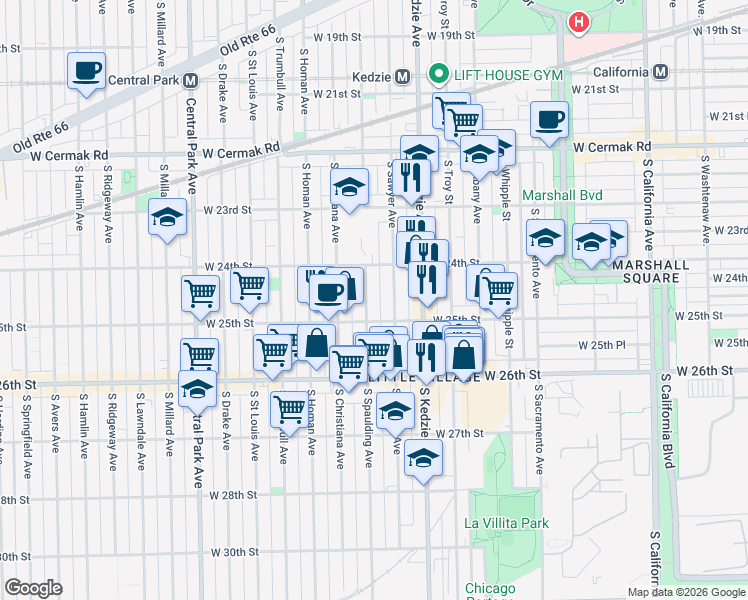 map of restaurants, bars, coffee shops, grocery stores, and more near 2436 South Sawyer Avenue in Chicago