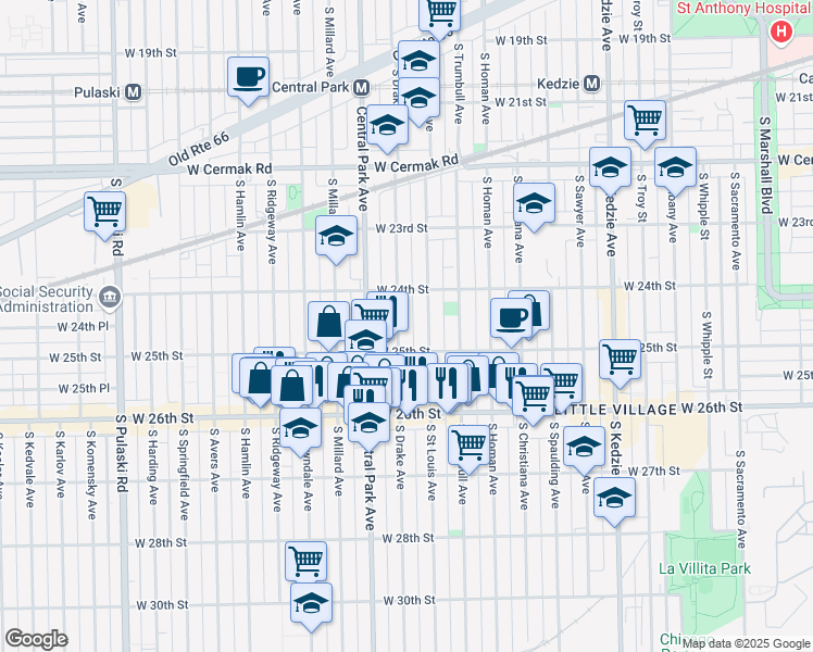 map of restaurants, bars, coffee shops, grocery stores, and more near 2434 South Drake Avenue in Chicago