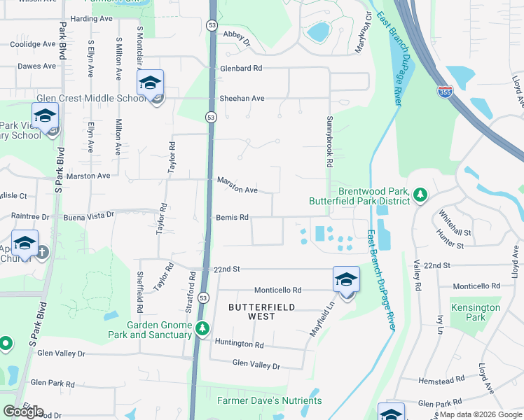 map of restaurants, bars, coffee shops, grocery stores, and more near 880 Bemis Road in Glen Ellyn