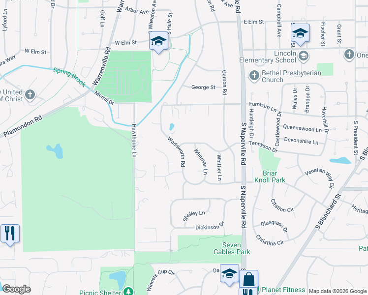 map of restaurants, bars, coffee shops, grocery stores, and more near 104 Tennyson Drive in Wheaton