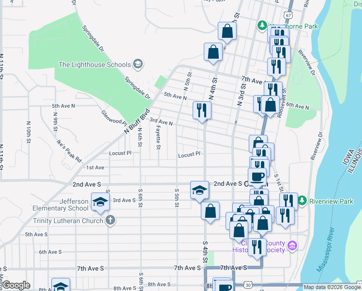 map of restaurants, bars, coffee shops, grocery stores, and more near 414 Locust Place in Clinton