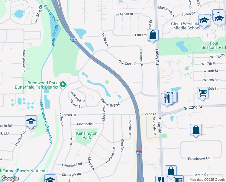 map of restaurants, bars, coffee shops, grocery stores, and more near 840 Foxworth Boulevard in Lombard