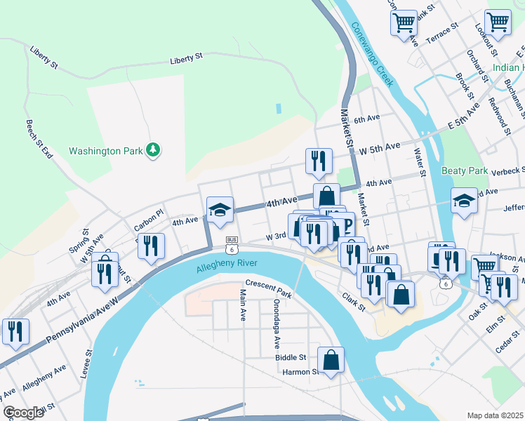 map of restaurants, bars, coffee shops, grocery stores, and more near 315 Poplar Street in Warren