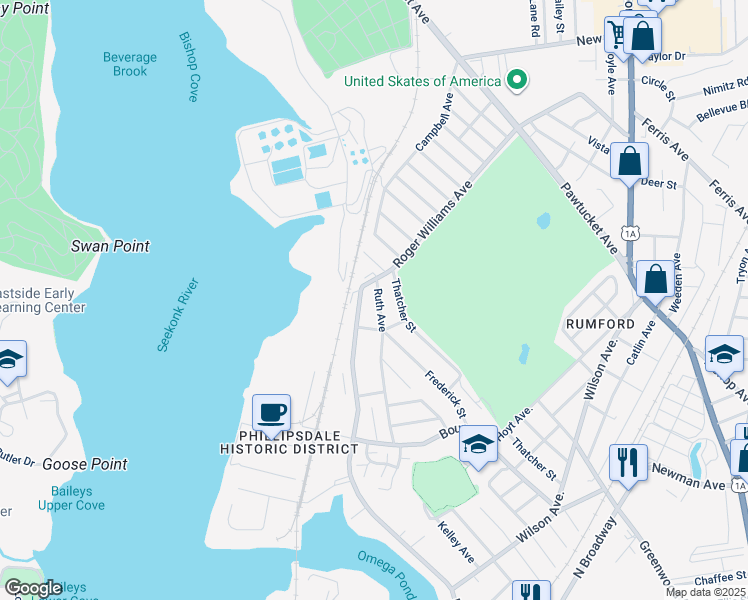 map of restaurants, bars, coffee shops, grocery stores, and more near 106 Ruth Ave in East Providence
